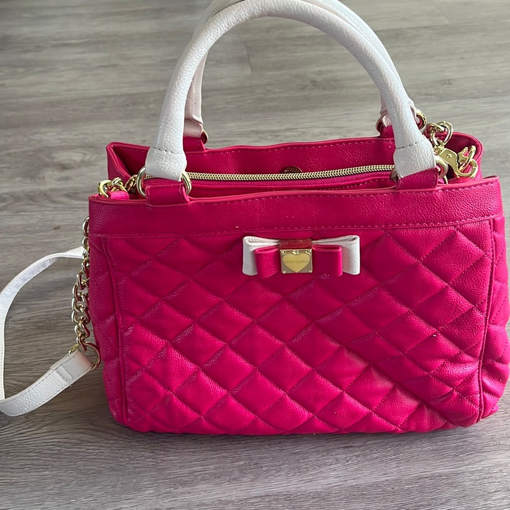 Betsey Johnson Pink Quilted Handbag with White Accents